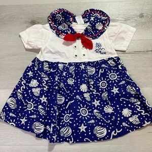 Vintage Nautical Navy/White and Red Short Sleeve Baby Dress, Size 24 Mo